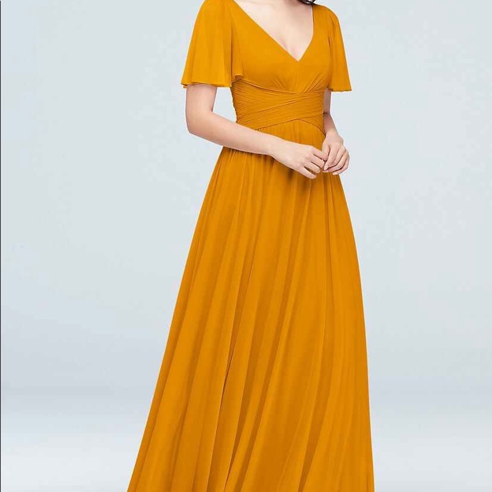 David’s Bridal bridesmaid dress Flutter Sleeve Crisscross Mesh - Color: Marigold